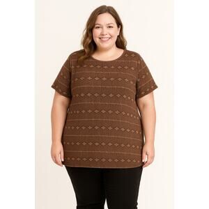 2/$30 Maggie Barnes Metallic Textured 2X Women Brown Gold Sparkle Blouse